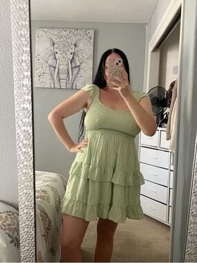 Light Pastel Green Ruffled Tiered Mini Dress Flutter Sleeves M Medium